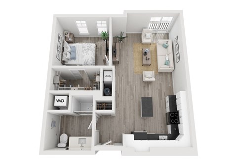 Floor plan for 1 bed, 1 bath, 752 sqft